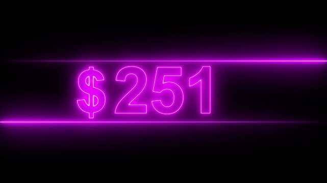 Neon 0 to 500 dollar count sign on dark background. Money symbol, sale, cost, price display, retail sale, finance, Value, Sale, Marketing Background.