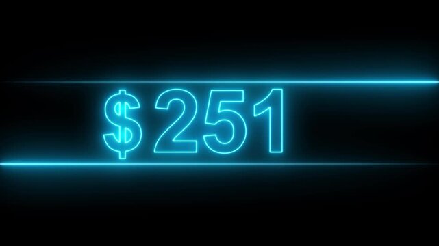 Neon 0 to 500 dollar count sign on dark background. Money symbol, sale, cost, price display, retail sale, finance, Value, Sale, Marketing Background.