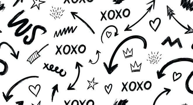 Playful seamless pattern with hand drawn doodle elements like arrows hearts crowns stars and text on white background.