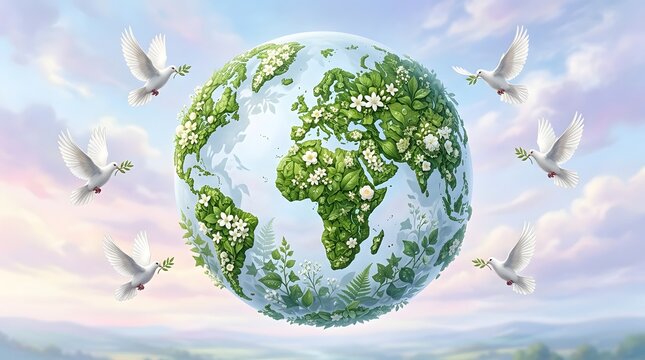 A beautiful globe made of lush green leaves and white flowers surrounded by white doves carrying olive branches in the sky