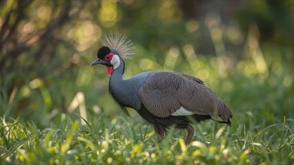 Obraz premium A grey crowned crane standing in a grassy field with lush green foliage in the background.