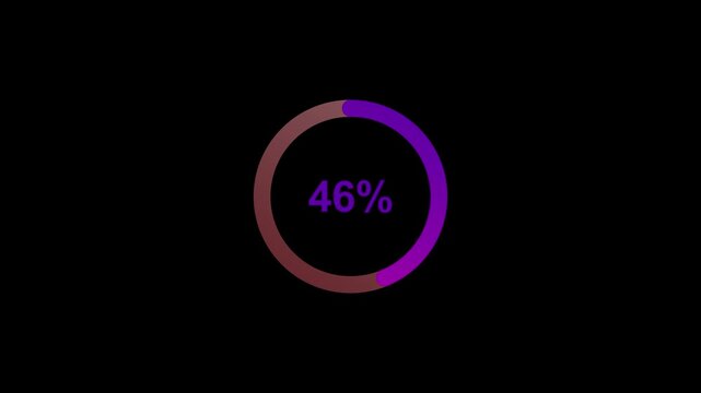 Radial progress bar. Percent indicator. Flat style. Simple UI diagram element on black background. Loading transfer download animation 0-100 in blue effect. 60 fps 3D animation.