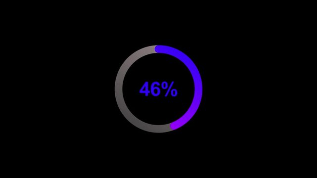 Radial progress bar. Percent indicator. Flat style. Simple UI diagram element on black background. Loading transfer download animation 0-100 in blue effect. 60 fps 3D animation.