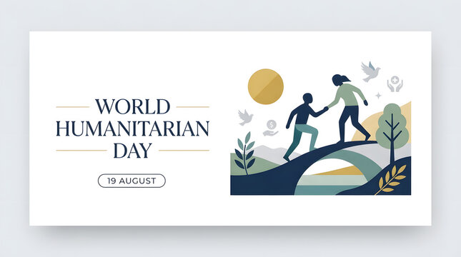 World humanitarian day graphic showing someone helping another climb a bridge with humanitarian