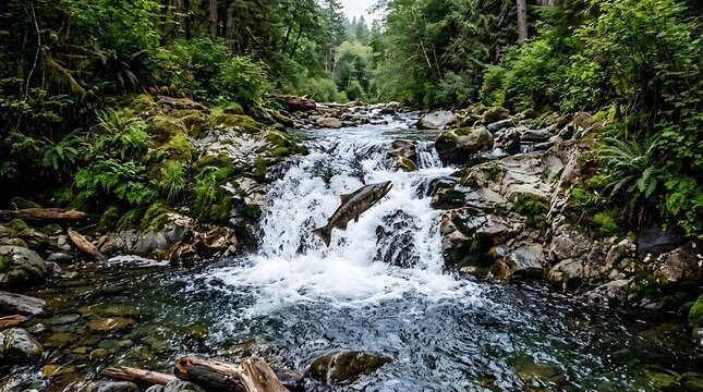 Salmon jumping up waterfall in lush forest stream