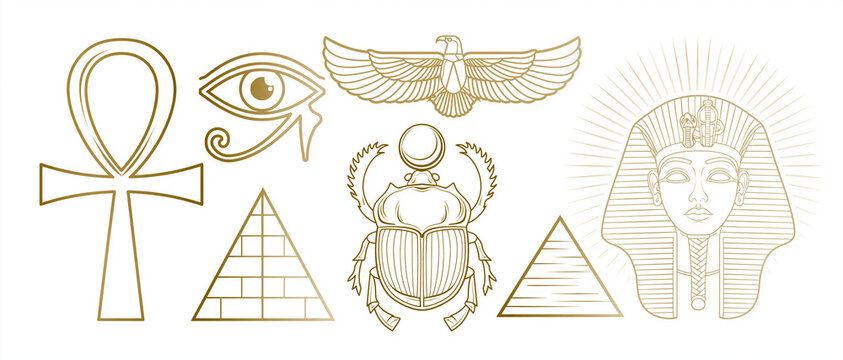 A collection of ancient Egyptian symbols, including an ankh, Eye of Horus, winged scarab beetle, pyramids, and a pharaoh's headdress, rendered in a golden outline style.