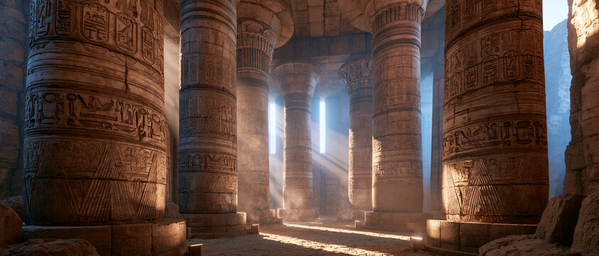Ancient temple corridor with grand stone columns bathed in mystical sunlight. Hieroglyphs adorn the pillars, hinting at forgotten stories and spiritual significance.