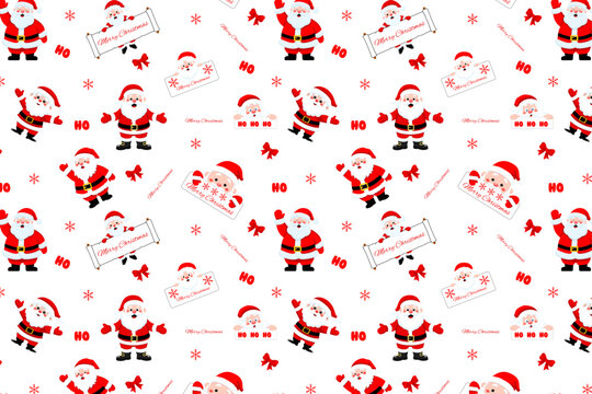 Seamless Christmas pattern with Santa Claus, bows, snowflakes, and Merry Christmas text on white background for wrapping paper and textiles.