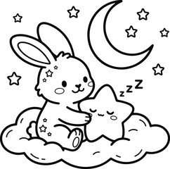 Cute cartoon rabbit sitting on a fluffy cloud holding a smiling star under a crescent moon at night
