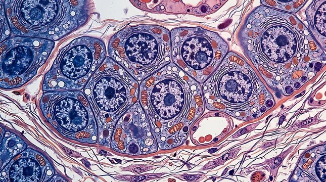 Microscopic cross section of biological cells with nuclei
