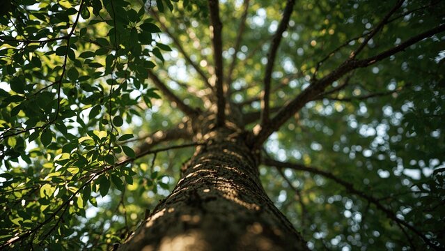 A tall tree viewed from below with a canopy of green leaves and sunlight filtering through the branches.