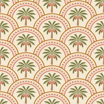 Seamless tropical palm tree pattern with decorative geometric arches and boho ethnic motifs, elegant desert oasis design for fabric, wallpaper, wrapping paper, textile and home decor.