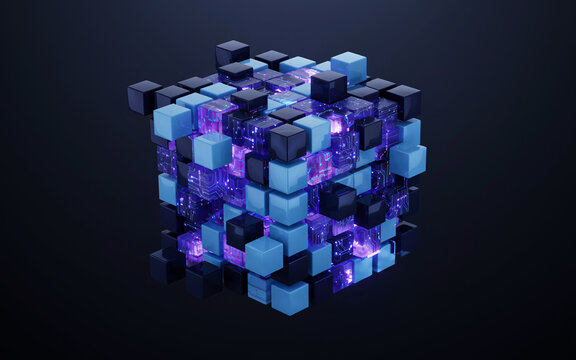 Abstract data structure concept represented by blue and black cubes with glowing circuits.
