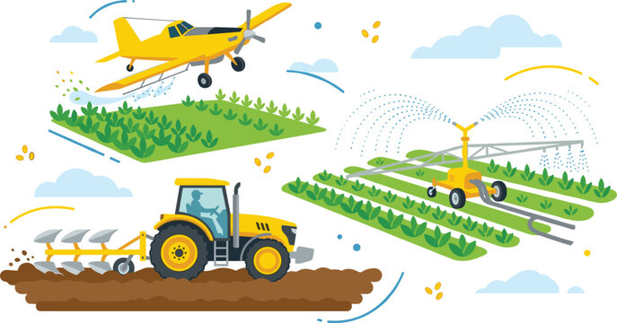 Industrial Agriculture and Irrigation Scene Set with Yellow Tractor Plowing Soil Biplane Crop Duster Spraying Fields and Linear Pivot Sprinkler Watering Plants