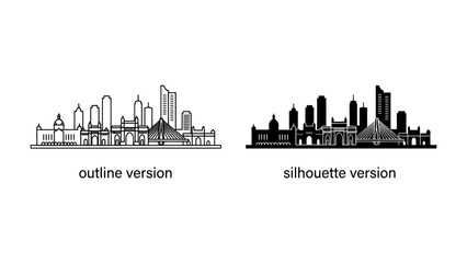 Fototapeta premium Cityscape Outline and Silhouette: Two distinct renderings of a city skyline, one in outline and the other as a silhouette, showcasing urban architecture and the distinct forms of a metropolitan area.