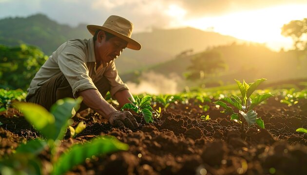 Farmer planting seedlings in a sunlit field at sunrise.