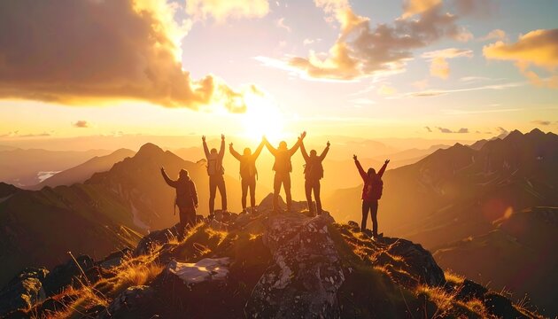 Group of friends celebrating on mountain peak at sunset with arms raised.