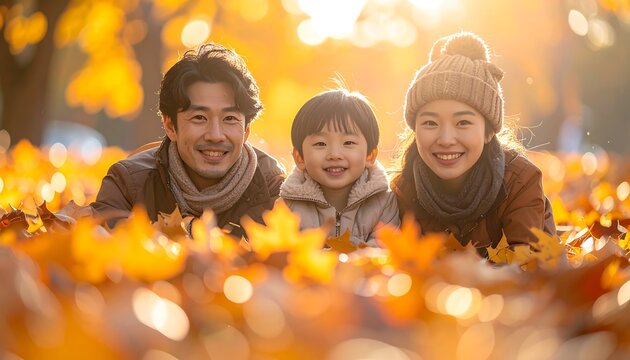 Happy Asian Family Enjoying Autumn Season Outdoors Together.