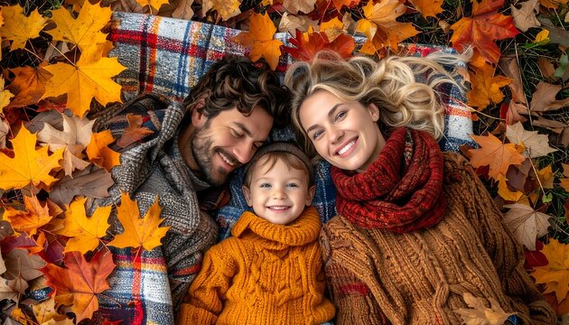Happy family lying down in autumn leaves on a blanket.