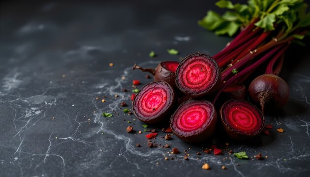 Savory roasted beets set in the top right corner on a dark concrete background, in a sleek food photography style, with moody atmospheric ambiance, ample free space, high resolution