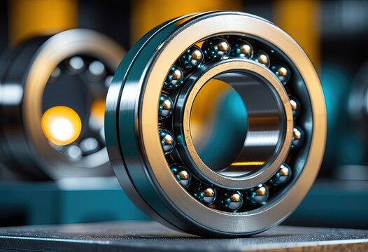 Industrial Ball Bearings Close-up with Metallic Rings and Steel Balls, Precision Engineering Component
