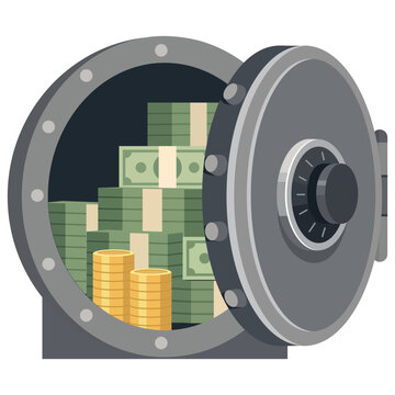 Modern flat vector illustration of an open bank vault filled with stacks of cash and gold coins. The heavy steel safe door is open, revealing money stored inside, symbolizing wealth, financial securit