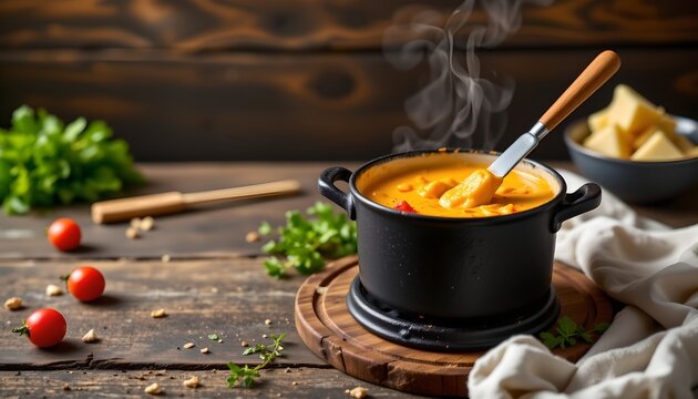 Savory cheese fondue pot set in the top left corner on a rustic wood background, in a sleek food photography style, with cozy glowing ambiance, ample free space, high resolution