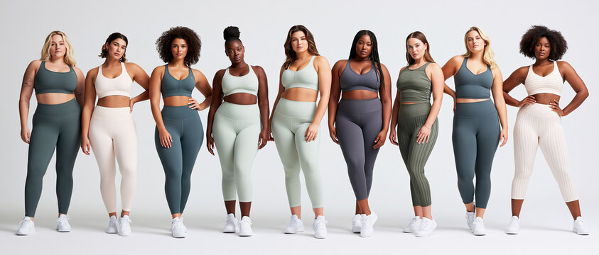 A diverse group of women modeling athletic wear, showcasing different body types and sizes. They stand confidently in matching sports bras and leggings, promoting inclusivity and body positivity