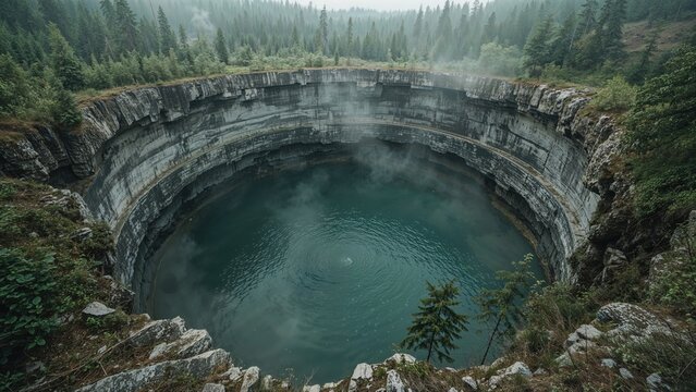 A deep, circular natural sinkhole or crater surrounded by dense forest, with calm water at the bottom.