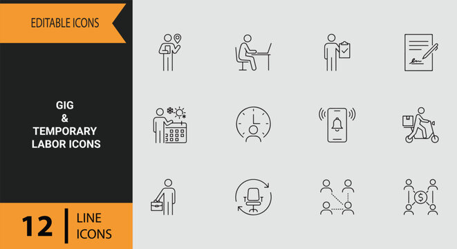 Gig Economy Temporary Labor Freelance Work Flexible Contract Employment Outline Icon Set
