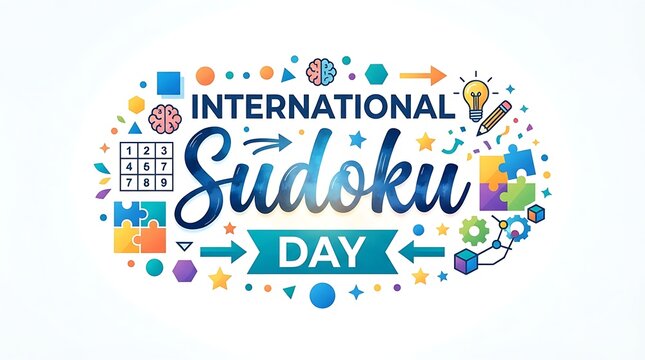 International sudoku day celebration banner with puzzle elements isolated on white background