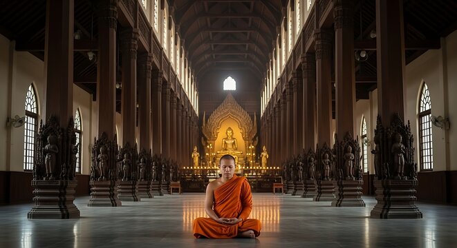 Buddhist monk meditating inside a traditional temple with golden statue