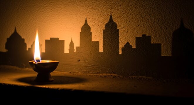 Clay oil lamp casting a city skyline shadow on a textured wall at night