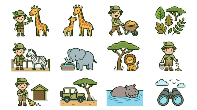 Safari park rangers and wild animals icon set