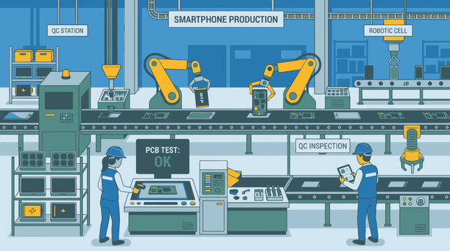 Illustration of a modern smartphone production line with robotic arms and factory workers.