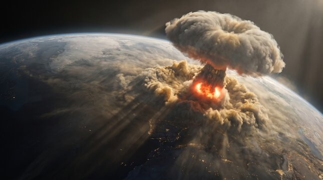 Massive nuclear explosion with mushroom cloud over Earth. Apocalyptic atomic blast destroying planet in catastrophic event.