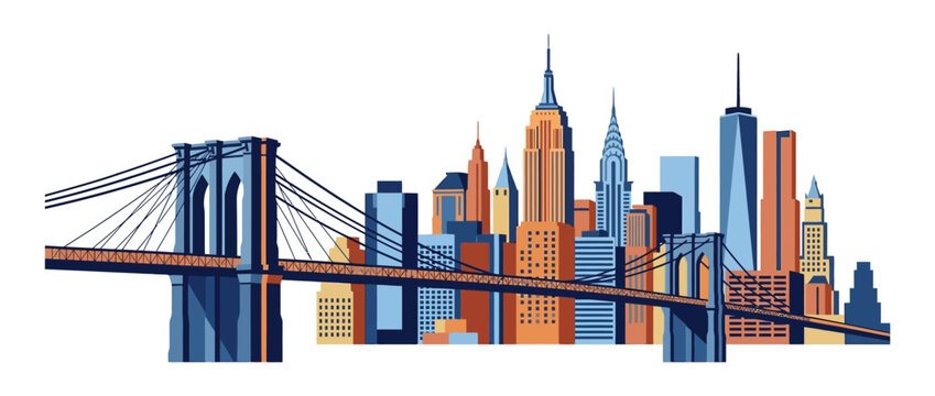 New York City Skyline with Brooklyn Bridge, Flat Design, Vector Illustration