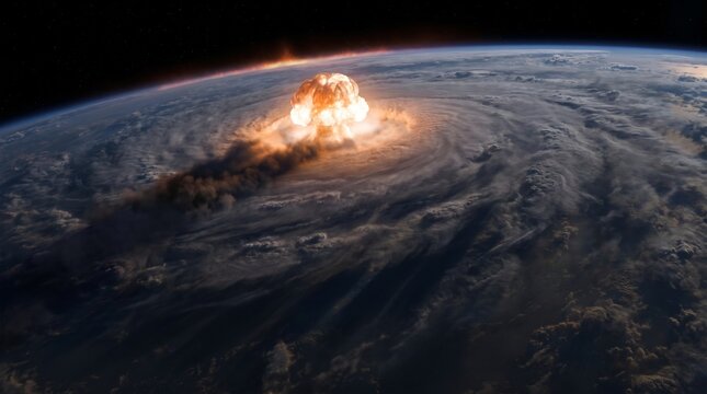 Massive nuclear explosion in Earth's atmosphere with intense fireball. High-altitude detonation creating shockwave and dramatic light burst.
