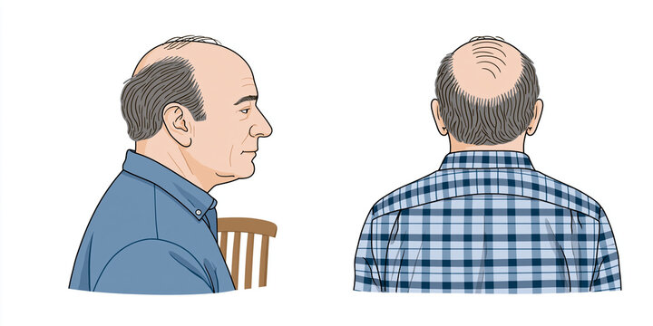 Illustration showing a bald man from the side and back, illustrating hair loss