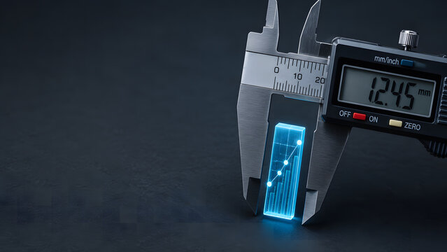 Digital vernier caliper measuring a glowing blue neon bar chart grid element on dark texture background