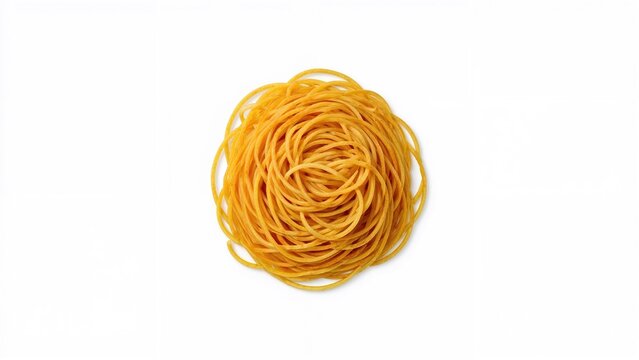 A bundle of cooked spaghetti pasta arranged in a circular shape on a white background.