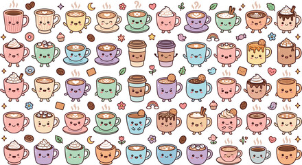 Fototapeta premium Adorable kawaii coffee cup character vector set featuring smiling mugs, takeaway cups, latte art, whipped cream, donuts, and sweet pastel decorations