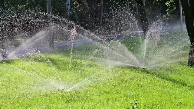 Wide-angle shot of multiple automated sprinklers spraying jets of water over a vibrant green lawn in a city park. Sunlight illuminates the water streams and lush grass.