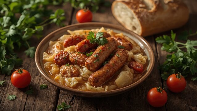 A hearty dish featuring sausages and vegetables served in a rustic bowl, surrounded by fresh cherry tomatoes and bread slices on a wooden table.