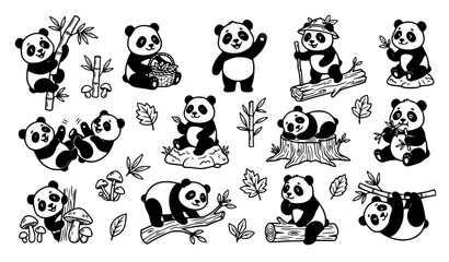 Cute panda bear cartoon coloring book character playing in nature vector illustration set isolated on white © MDSHAKIP