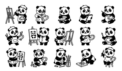 Cute panda cartoon coloring book character drawing painting artist vector illustration set line art isolated on white © MDSHAKIP