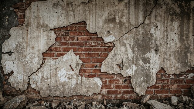 Cracked and damaged concrete wall revealing red brick underneath. Old and deteriorated structure, concrete and brick damage. Abandoned or neglected building facade.