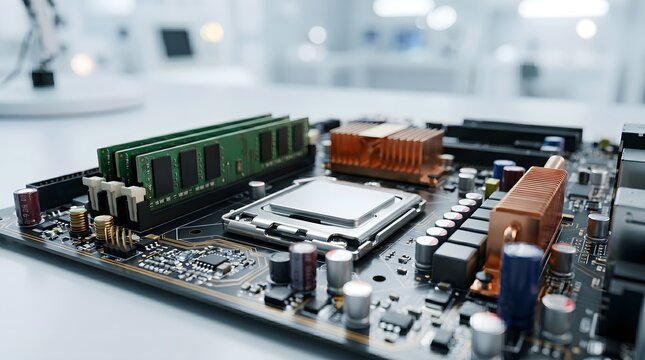 Motherboard components with blurred lab background for computer technology blog graphic design