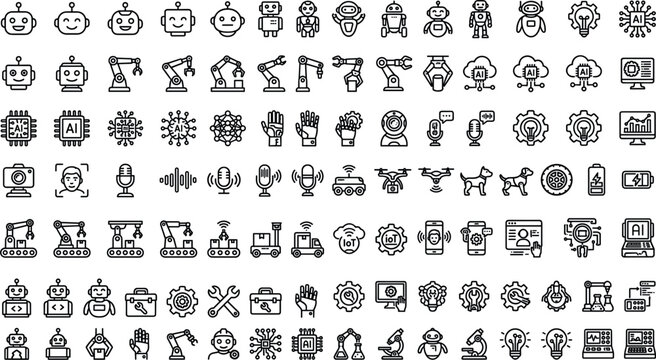 Artificial intelligence and robotics line icon set featuring cute bot heads robotic arms cyborgs microchips drones voice recognition and automation symbols.