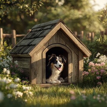 Happy dog peeking out from a rustic wooden doghouse in a garden. AI generated image